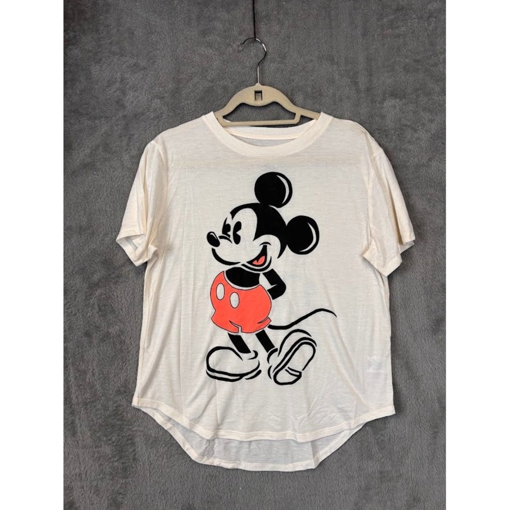 Disney Mickey Mouse Graphic T-Shirt‎ Cream Short Sleeve Curved Hem Women Small